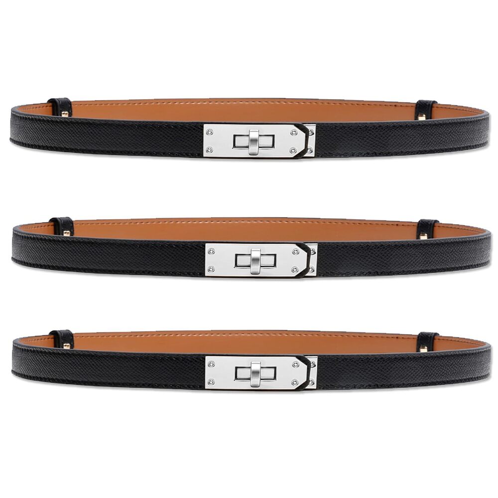 9649 3 Pack Women Skinny Leather Belt With Turn-lock Buckle Adjustable